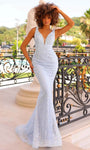 V-neck Mermaid Plunging Neck V Back Cutout Sheer Applique Beaded Fitted Sequined Sleeveless Natural Waistline Prom Dress with a Brush/Sweep Train