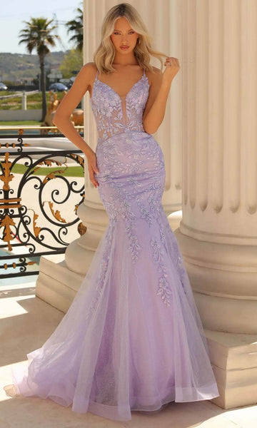 Sophisticated V-neck Mermaid Sleeveless Sheer Embroidered Lace-Up Floral Print Corset Natural Waistline Prom Dress
