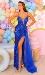 Sexy V-neck Sheath Sequined Slit Illusion Open-Back Lace-Up Asymmetric General Print Plunging Neck Beaded Trim Spaghetti Strap Natural Waistline Sheath Dress/Prom Dress with a Brush/Sweep Train With a