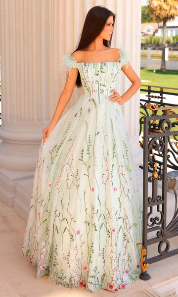 A-line Floor Length Fit-and-Flare Cap Sleeves Off the Shoulder Floral Print Fitted V Back Pocketed Basque Corset Waistline Prom Dress