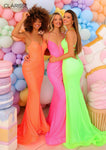 V-neck Mermaid Spaghetti Strap Illusion Lace-Up Sequined Natural Waistline Prom Dress with a Brush/Sweep Train