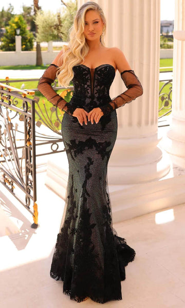 Tall Strapless Plunging Neck Sweetheart Open-Back Glittering Beaded Illusion Applique Mermaid Long Sleeves Basque Waistline Prom Dress with a Brush/Sweep Train