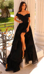 Sexy A-line V-neck Lace Ruffle Trim Short Sleeves Sleeves Off the Shoulder Basque Waistline High-Low-Hem Slit Beaded Open-Back Prom Dress with a Brush/Sweep Train