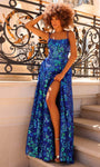 A-line Fall V Back Open-Back Pocketed Sequined Slit Lace-Up Spaghetti Strap Natural Waistline Square Neck Floor Length Prom Dress