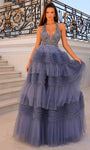 Halter Sleeveless Sheer Open-Back Tiered Beaded Natural Waistline Evening Dress With Ruffles