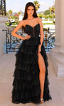 A-line V-neck Strapless Natural Waistline Plunging Neck Back Zipper Jeweled Glittering Illusion Tiered Cocktail Short Prom Dress with a Brush/Sweep Train