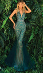 V-neck Natural Waistline Backless Pleated Glittering Beaded Sequined Open-Back Fitted Tulle Halter Plunging Neck Sleeveless Mermaid Dress with a Chapel Train