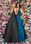 A-line V-neck Full-Skirt Floor Length Belted Fitted Pocketed Beaded Back Zipper V Back Sleeveless Natural Waistline Taffeta Dress