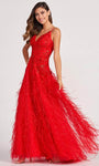 A-line V-neck Tulle Floor Length Natural Waistline Glittering Beaded Sleeveless Spaghetti Strap Evening Dress