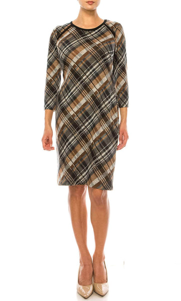 Knit Scoop Neck Plaid Print Short Sheath Natural Waistline Long Sleeves Sheath Dress