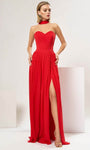 Sexy A-line Sleeveless Halter Sweetheart Natural Waistline Banding Slit Cutout Pleated Evening Dress with a Brush/Sweep Train