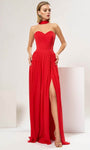 Sexy A-line Halter Sweetheart Sleeveless Natural Waistline Banding Pleated Slit Cutout Evening Dress with a Brush/Sweep Train