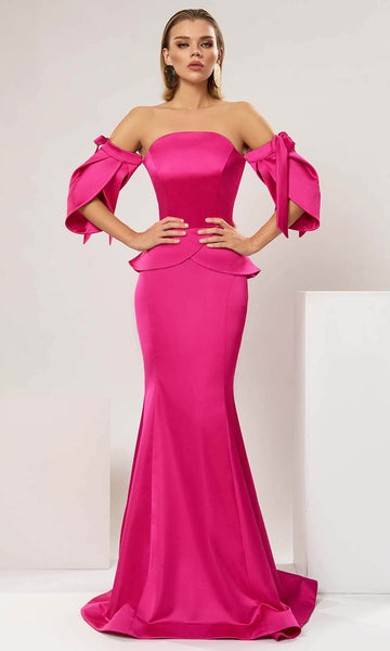 Off the Shoulder Back Zipper Goddess Open-Back Peplum Pleated Natural Princess Seams Waistline Mermaid Evening Dress with a Brush/Sweep Train With a Ribbon