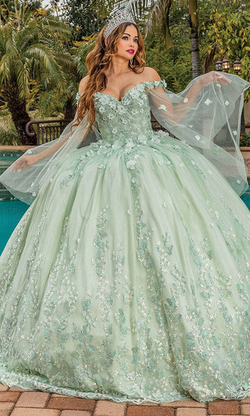 Off the Shoulder Floral Print Sweetheart Natural Waistline Applique Lace-Up Illusion Open-Back Beaded Quinceanera Dress with a Brush/Sweep Train