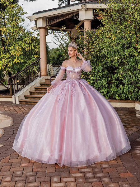 Sweetheart Corset Natural Waistline Beaded Lace-Up Illusion Pleated Bishop Sleeves Off the Shoulder Quinceanera Dress with a Brush/Sweep Train With a Bow(s)