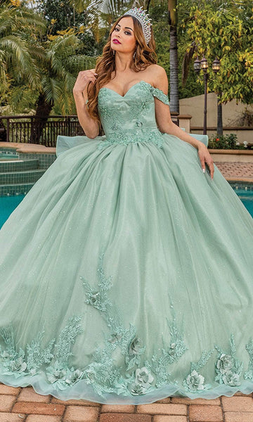 Cap Sleeves Off the Shoulder Sweetheart Natural Waistline Floral Print Lace-Up Applique Quinceanera Dress with a Brush/Sweep Train With a Bow(s) and Ruffles