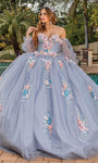 Sweetheart Off the Shoulder Floral Print Corset Natural Waistline Applique Sheer Evening Dress with a Brush/Sweep Train