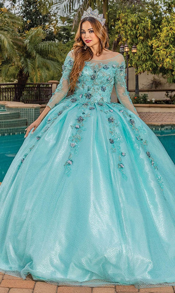 Floral Print 3/4 Sleeves Natural Waistline Bateau Neck Sweetheart Open-Back Illusion Beaded Applique Pleated Lace-Up Quinceanera Dress with a Brush/Sweep Train
