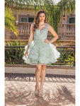 A-line V-neck Sweetheart Sleeveless Natural Waistline Back Zipper Illusion Sheer Tiered Fitted Cocktail Above the Knee Prom Dress With Ruffles