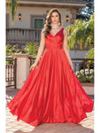 A-line V-neck Faux Wrap Pleated Sleeveless Satin Corset Natural Waistline Prom Dress with a Brush/Sweep Train