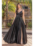 A-line V-neck Natural Waistline Pleated Lace-Up Slit Pocketed Spaghetti Strap Prom Dress with a Brush/Sweep Train