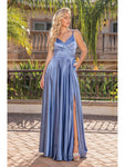 A-line V-neck Spaghetti Strap Slit Pleated Pocketed Lace-Up Natural Waistline Prom Dress with a Brush/Sweep Train