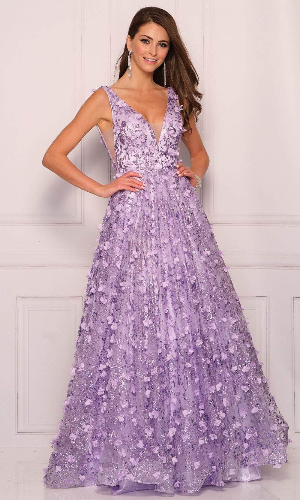 Dave & Johnny 11093 - V-Neck Floral Appliqued Prom Ballgown
