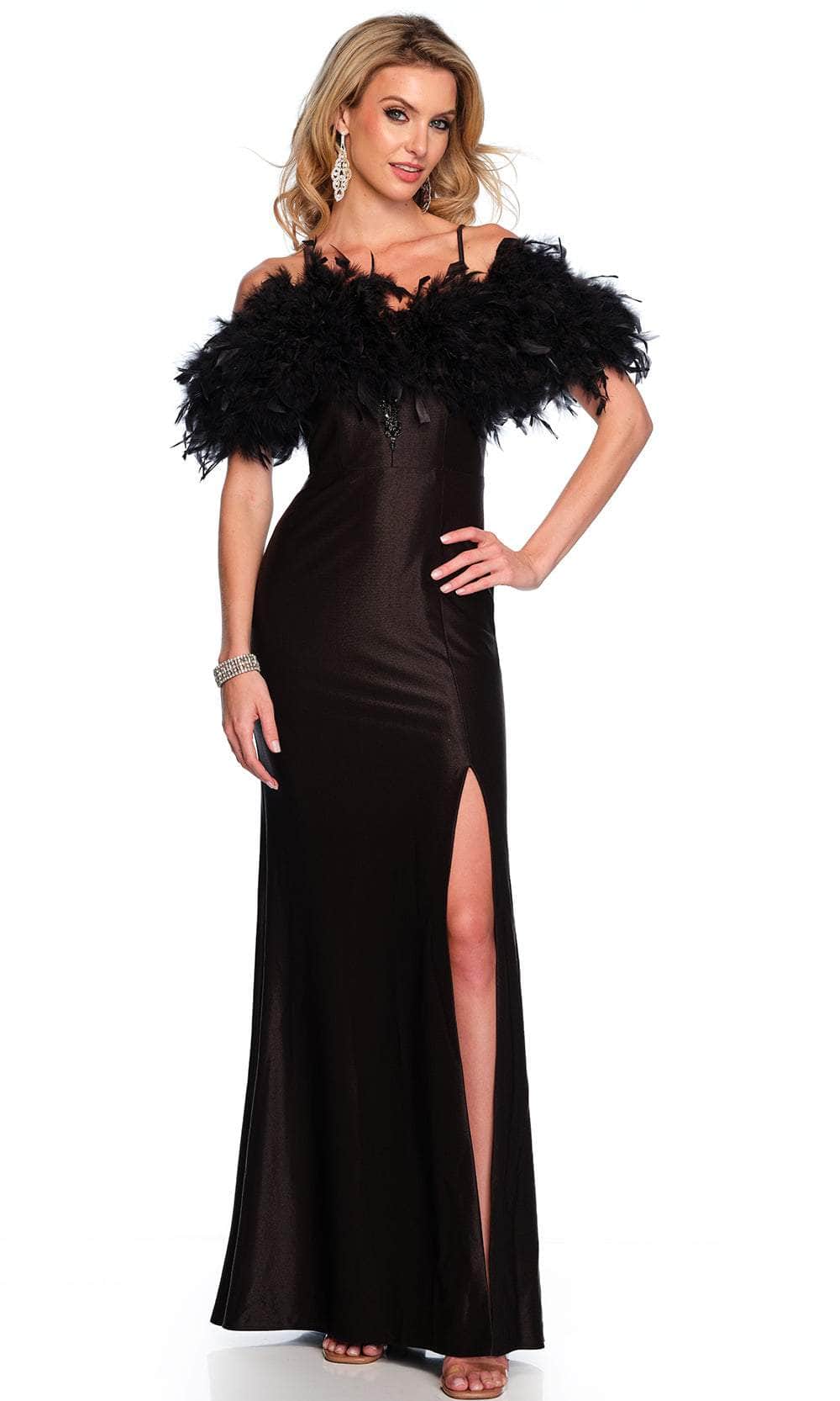 Dave & Johnny 11436 - Cold Shoulder Feather Detailed Prom Gown
