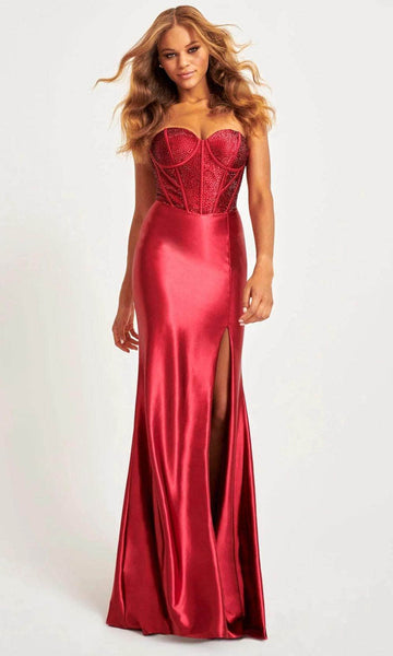 Sexy Strapless Sweetheart Satin Mermaid Slit Shirred Hidden Back Zipper Beaded Basque Corset Waistline Prom Dress with a Brush/Sweep Train