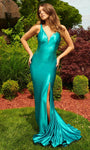 V-neck Plunging Neck Open-Back Crystal Goddess Cutout Hidden Back Zipper Illusion Slit Mermaid Natural Waistline Sleeveless Satin Prom Dress with a Brush/Sweep Train With Rhinestones