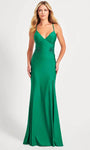 Sexy Sophisticated V-neck Spaghetti Strap Empire Waistline Mermaid Applique Hidden Back Zipper Lace-Up Slit Prom Dress with a Brush/Sweep Train