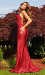 Sexy Sophisticated V-neck Mermaid Empire Waistline Spaghetti Strap Hidden Back Zipper Lace-Up Slit Applique Prom Dress with a Brush/Sweep Train