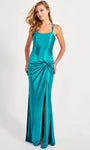 Sexy Sheath Mermaid Hidden Back Zipper Ruched Shirred Slit Spaghetti Strap Satin Scoop Neck Natural Waistline Sheath Dress/Prom Dress with a Brush/Sweep Train