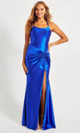 Sexy Sheath Mermaid Natural Waistline Spaghetti Strap Shirred Slit Hidden Back Zipper Ruched Scoop Neck Satin Sheath Dress/Prom Dress with a Brush/Sweep Train