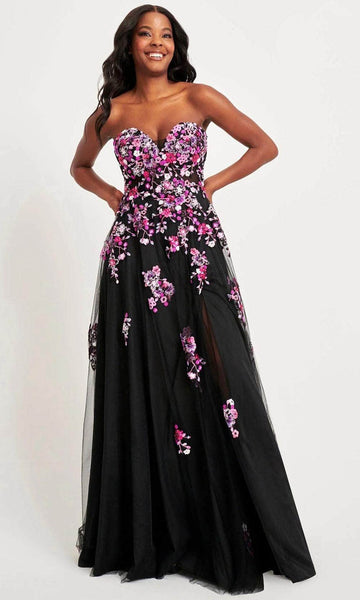 Modest A-line Strapless Natural Waistline Sweetheart Sheer Lace-Up Slit Sequined Open-Back Applique Floral Print Prom Dress with a Brush/Sweep Train