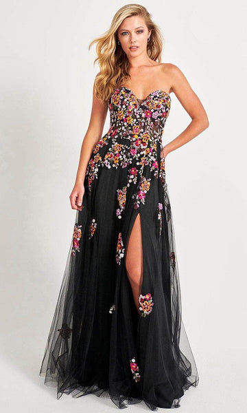 Modest A-line Strapless Floral Print Applique Open-Back Slit Sheer Lace-Up Sequined Natural Waistline Sweetheart Prom Dress with a Brush/Sweep Train