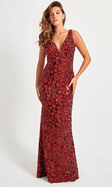 V-neck Fall Natural Waistline Plunging Neck Floor Length Sleeveless Mermaid Hidden Back Zipper Sequined Cutout Open-Back Illusion Floral Print Prom Dress