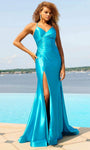 V-neck Satin Floor Length Open-Back Lace-Up Pleated Asymmetric Slit Natural Waistline Sleeveless Spaghetti Strap Mermaid Prom Dress with a Brush/Sweep Train