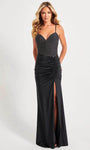 Sexy Sweetheart Fall Charmeuse Sleeveless Spaghetti Strap Open-Back Shirred Slit Natural Waistline Sheath Sheath Dress/Prom Dress with a Brush/Sweep Train With Rhinestones