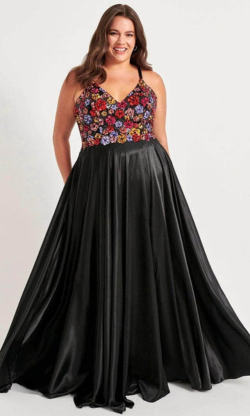 Modest A-line V-neck Slit Sequined Lace-Up Open-Back Pocketed Charmeuse Sleeveless Spaghetti Strap Floral Print Natural Waistline Prom Dress with a Brush/Sweep Train