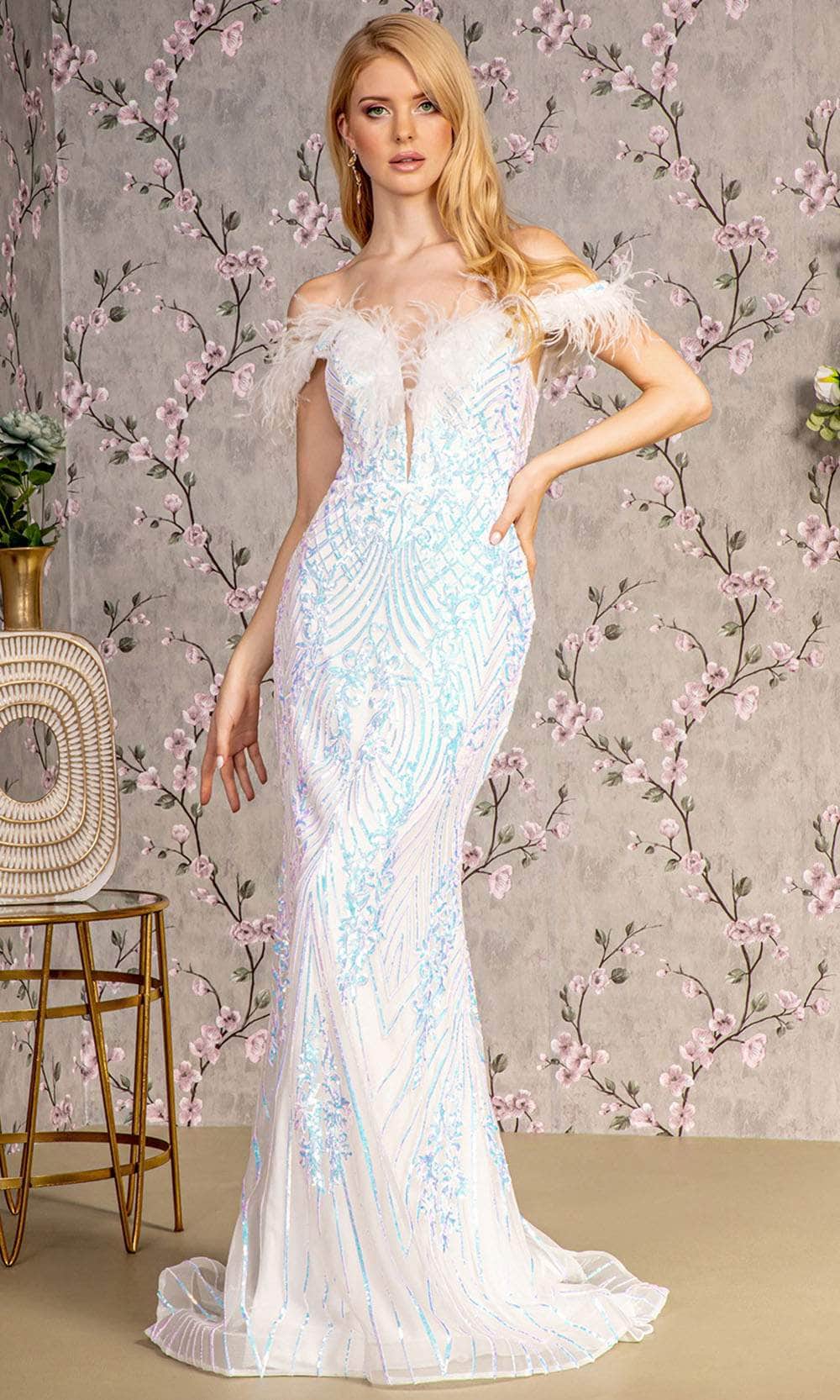 GLS by Gloria GL3284 - Feather Embellished Off-Shoulder Prom Gown
