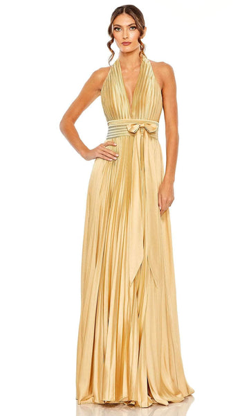 A-line Sleeveless Fall Empire Waistline Back Zipper Pleated Open-Back Halter Plunging Neck Evening Dress with a Brush/Sweep Train With a Bow(s)