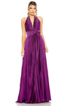 A-line Sleeveless Empire Waistline Open-Back Pleated Back Zipper Halter Plunging Neck Fall Evening Dress with a Brush/Sweep Train With a Bow(s)