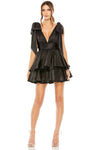 A-line V-neck Plunging Neck Sleeveless Natural Waistline Cocktail Short Tiered Open-Back V Back Pleated Party Dress With a Bow(s) and Ruffles