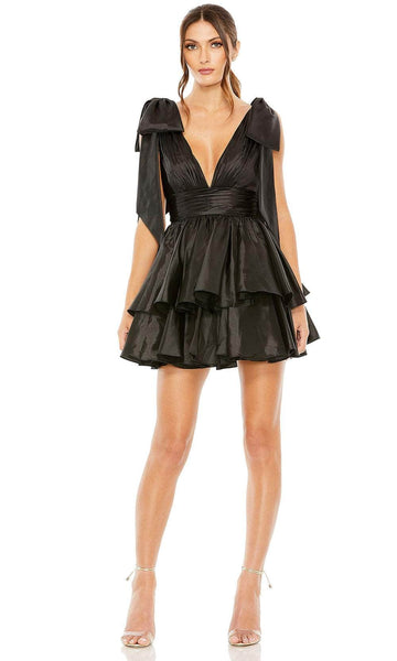 A-line V-neck Sleeveless Natural Waistline Cocktail Short Plunging Neck V Back Tiered Open-Back Pleated Party Dress With a Bow(s) and Ruffles