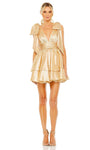 A-line V-neck Cocktail Short Open-Back V Back Tiered Pleated Plunging Neck Sleeveless Natural Waistline Party Dress With a Bow(s) and Ruffles