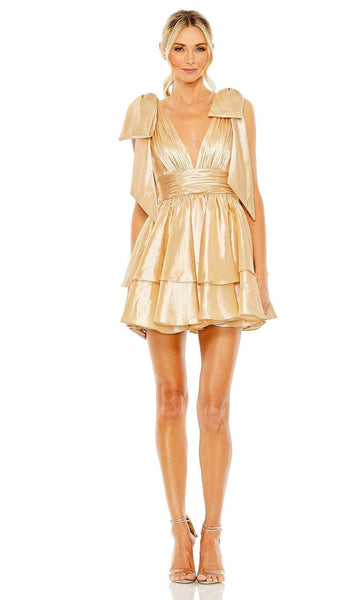 A-line V-neck Plunging Neck Pleated Tiered Open-Back V Back Sleeveless Natural Waistline Cocktail Short Party Dress With a Bow(s) and Ruffles