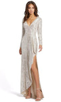 V-neck Sequined Slit Sheath Floor Length Long Sleeves Natural Waistline Sheath Dress/Evening Dress