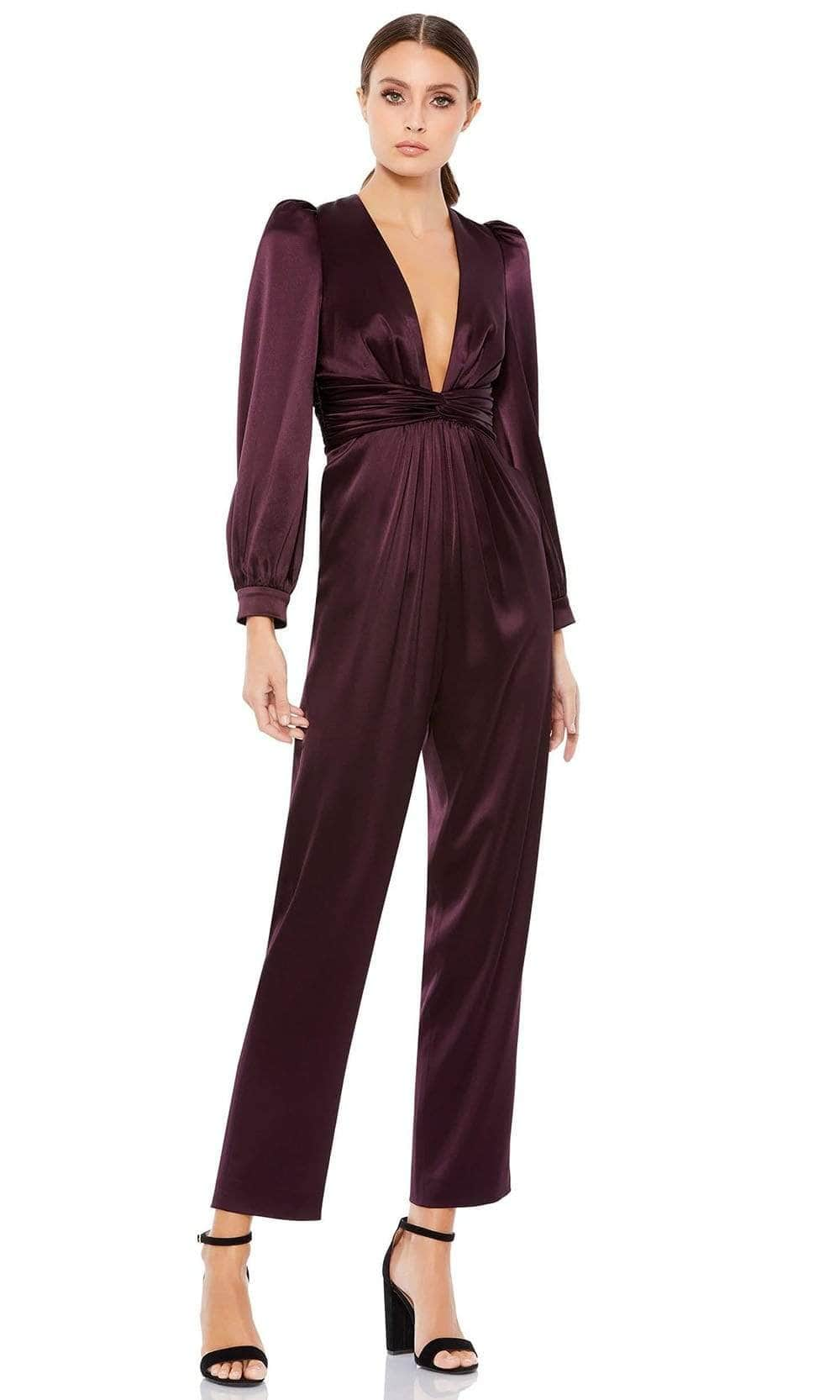 Ieena Duggal - A2647 V Neckline Long Sleeve Jumpsuit
