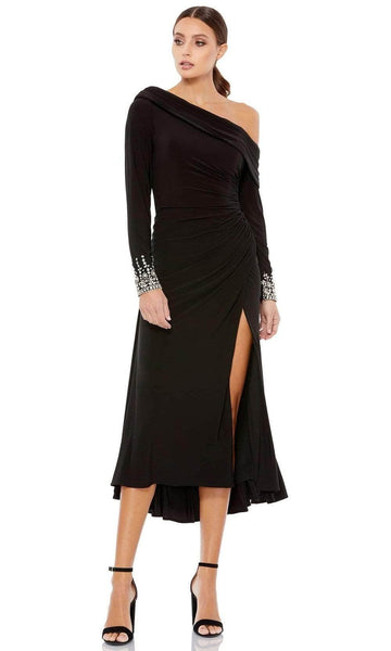 Sophisticated Natural Waistline Gathered Open-Back Jeweled Slit Ruched Long Sleeves One Shoulder Sheath Above the Knee Sheath Dress/Homecoming Dress/Party Dress